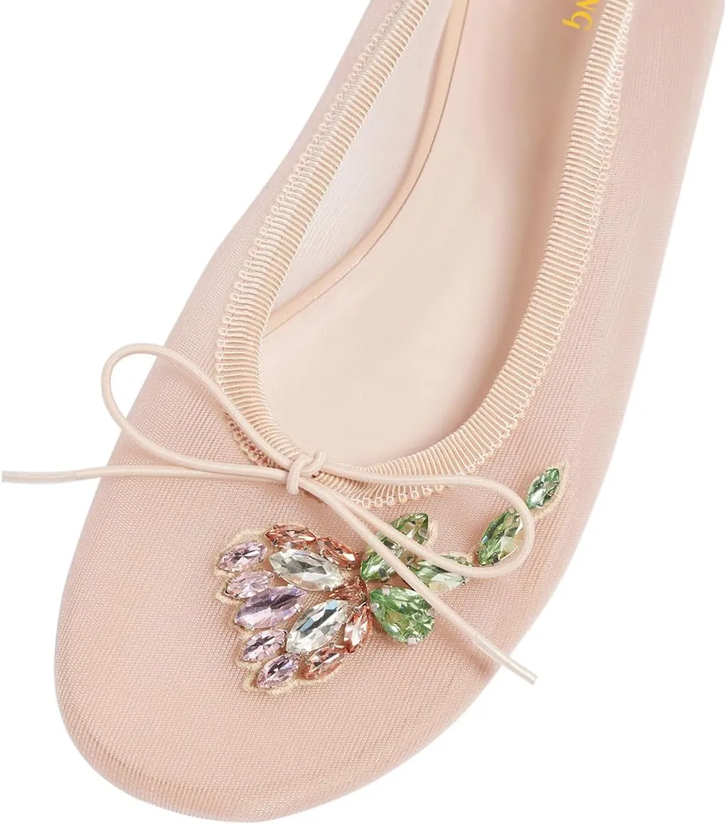 Maiyang Women Classic Floral Rhinestone Round Toe Slip on Ballet Flats Comfortable Breathable Ballroom Daily Casual Shoes Size 4-16 US
