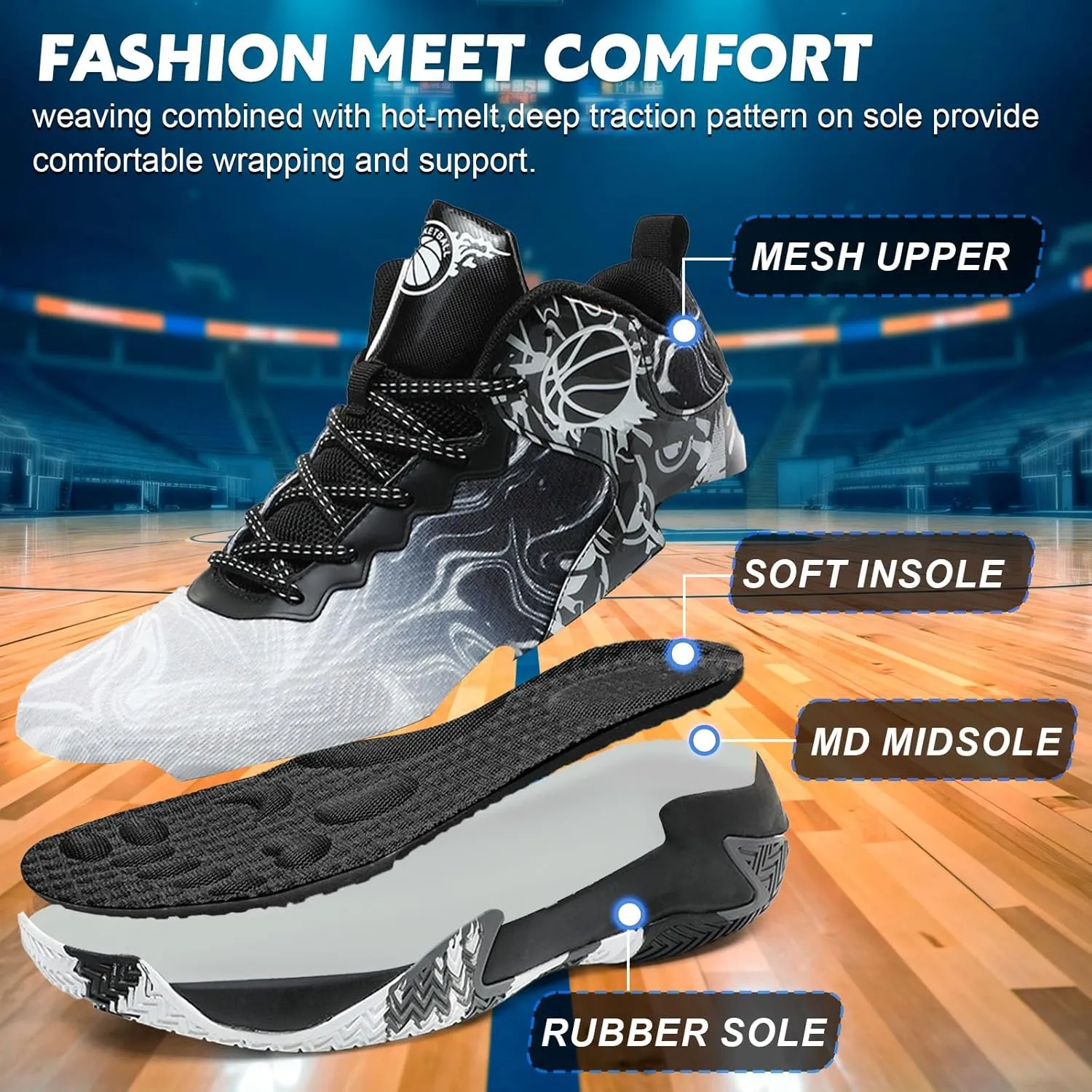 MAIZUN Mens Basketball Shoes Fashion Non-Slip Lightweight Breathable Outdoor Sneakers Cushioning Workout Shoes for Running Walking Sports Training