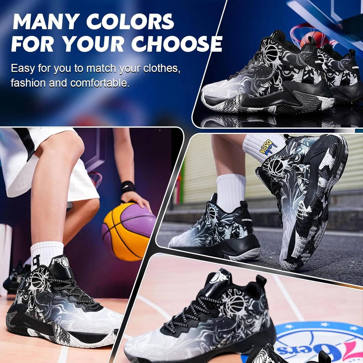 MAIZUN Mens Basketball Shoes Fashion Non-Slip Lightweight Breathable Outdoor Sneakers Cushioning Workout Shoes for Running Walking Sports Training