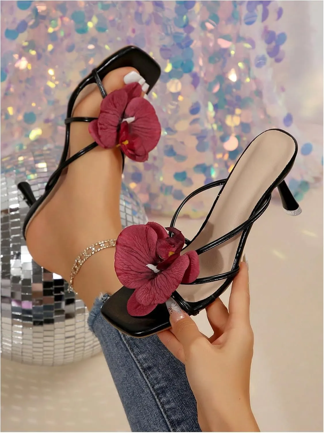 MakeMeChic Women's Open Toe Floral Kitten Heels Flower Summer Beach Sandals