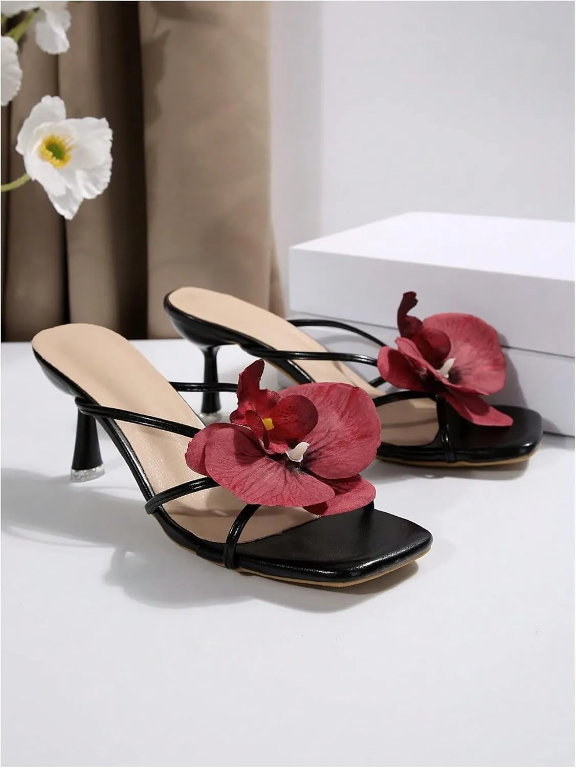 MakeMeChic Women's Open Toe Floral Kitten Heels Flower Summer Beach Sandals