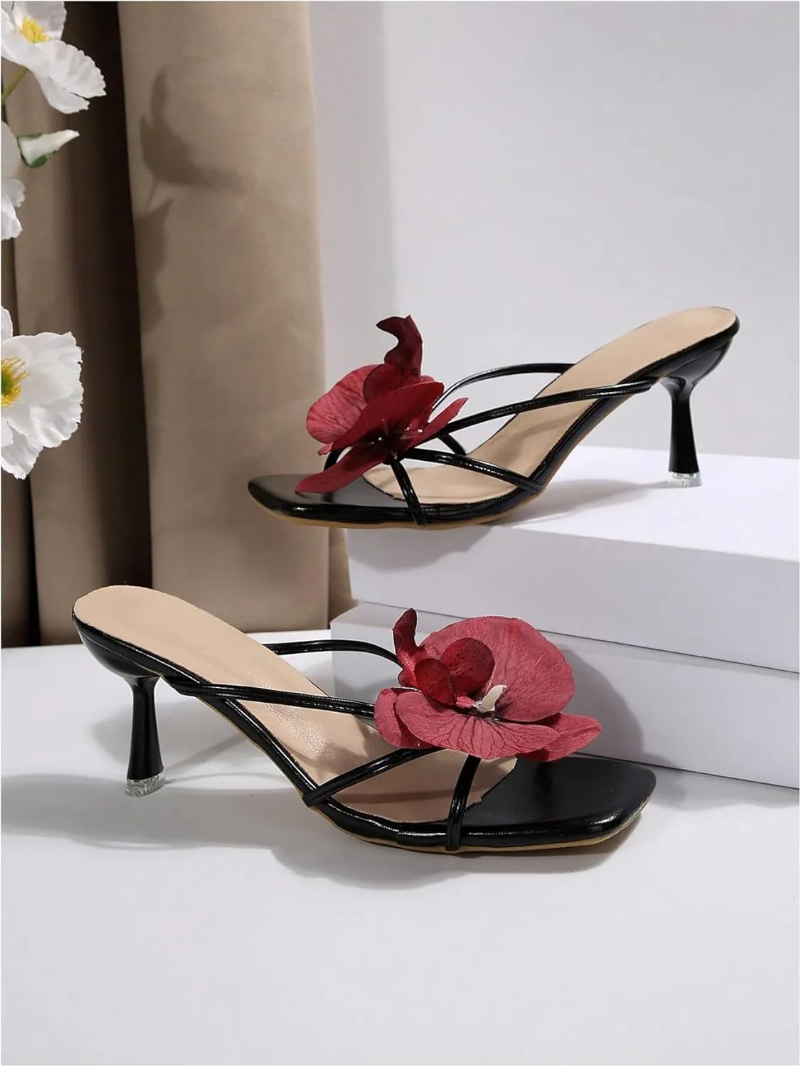 MakeMeChic Women's Open Toe Floral Kitten Heels Flower Summer Beach Sandals