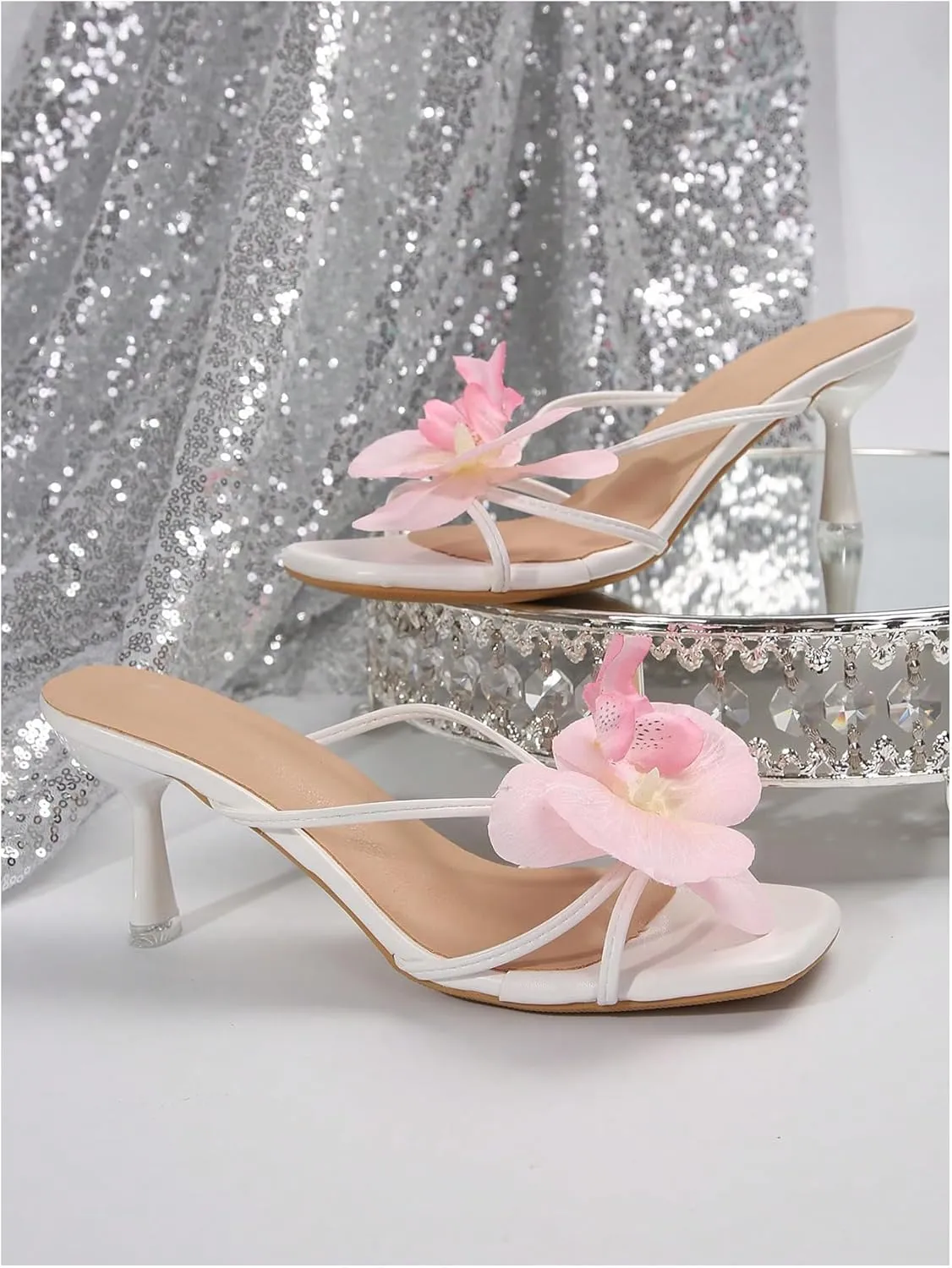 MakeMeChic Women's Open Toe Floral Kitten Heels Flower Summer Beach Sandals