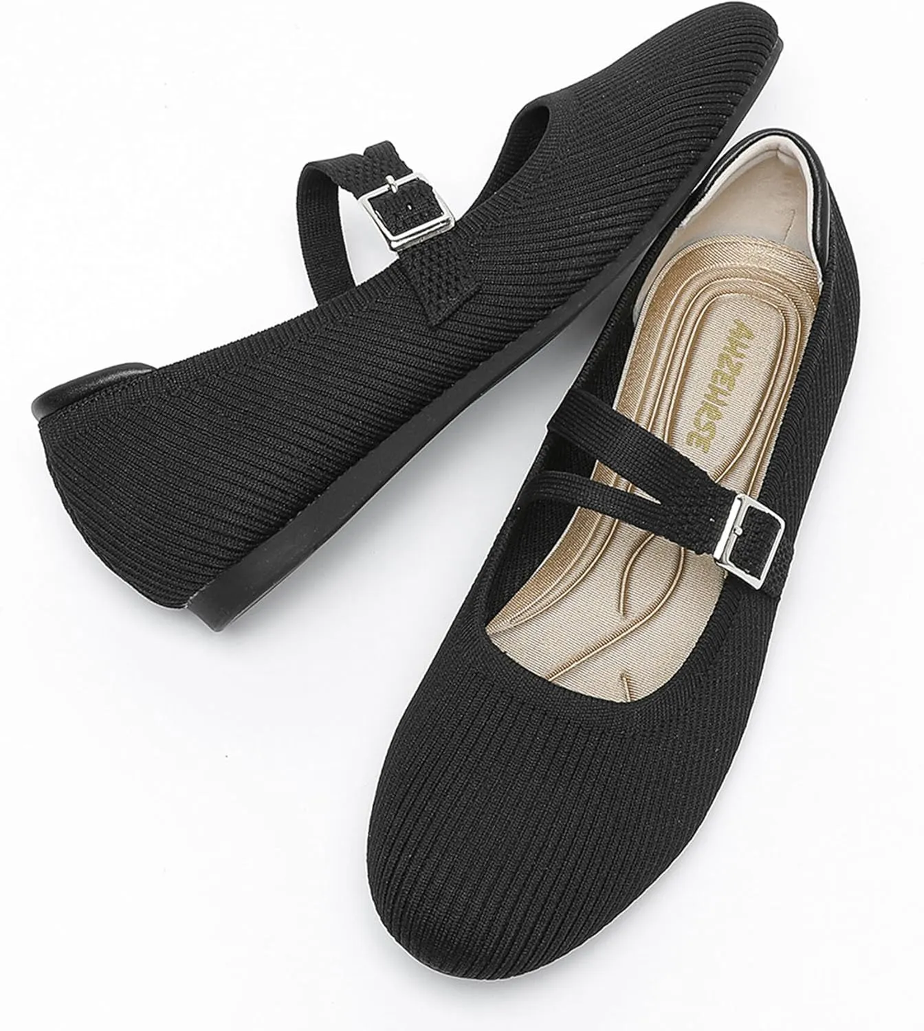 Mary Janes for Women Ballet Flats Comfortable Round Toe Knit Slip On Flats Adjustable Straps Casual Work Dress Flats Shoes