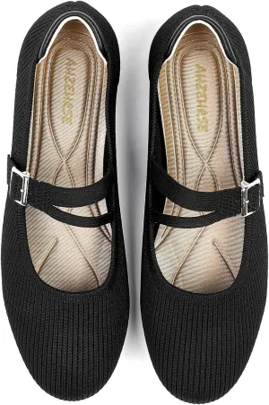 Mary Janes for Women Ballet Flats Comfortable Round Toe Knit Slip On Flats Adjustable Straps Casual Work Dress Flats Shoes
