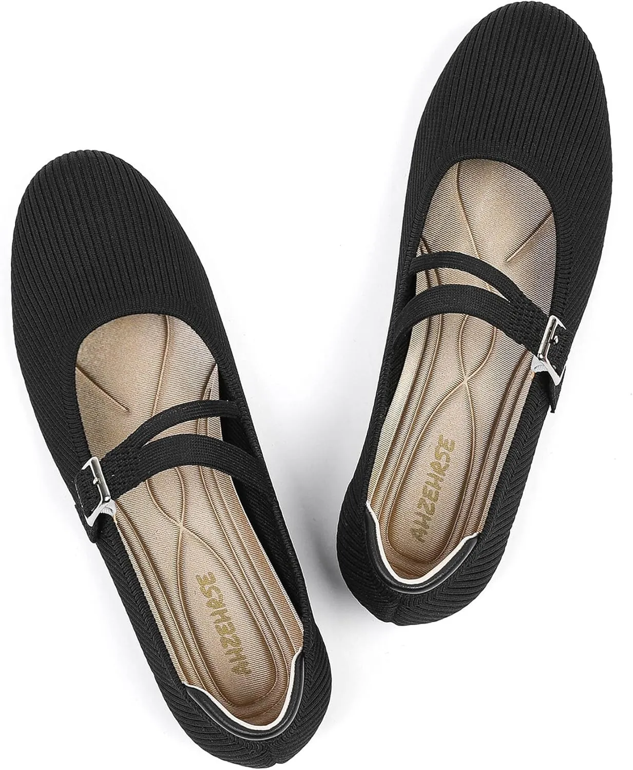 Mary Janes for Women Ballet Flats Comfortable Round Toe Knit Slip On Flats Adjustable Straps Casual Work Dress Flats Shoes