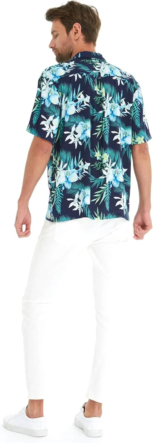 Matchable Couple Hawaiian Luau Shirt or Wide Legged Pants in Orchid Breeze Navy