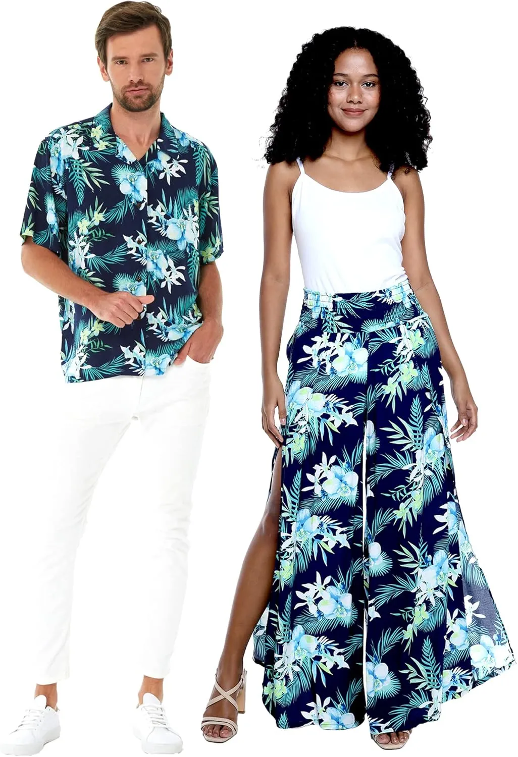 Matchable Couple Hawaiian Luau Shirt or Wide Legged Pants in Orchid Breeze Navy