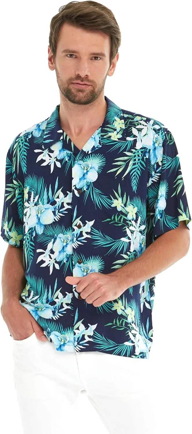 Matchable Couple Hawaiian Luau Shirt or Wide Legged Pants in Orchid Breeze Navy
