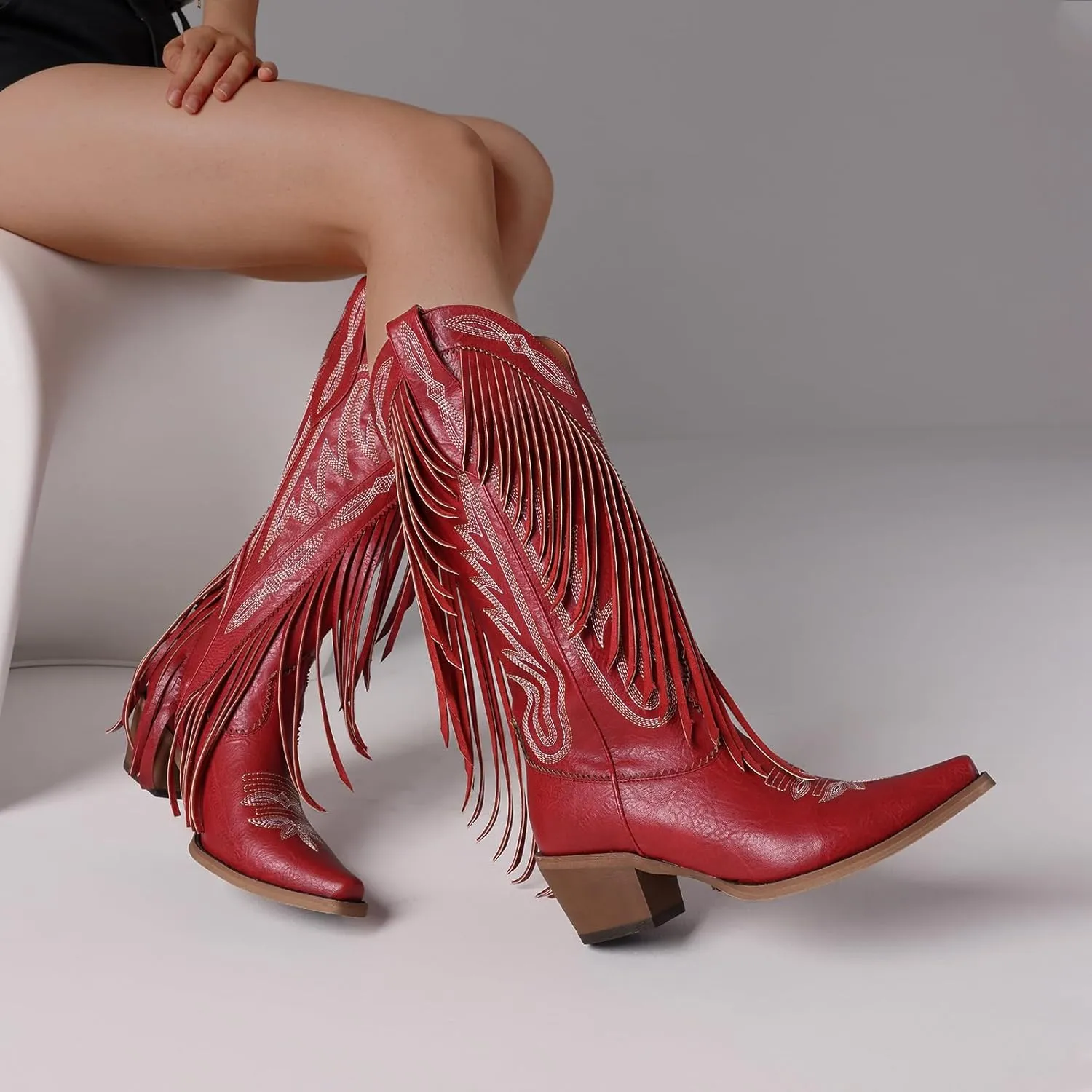 Mattiventon Cowboy Boots for Women Fringe Knee High Cowgirl Western Boots with Classic Embroidery Pointed Toe Chunky Heel for Weddings Parties