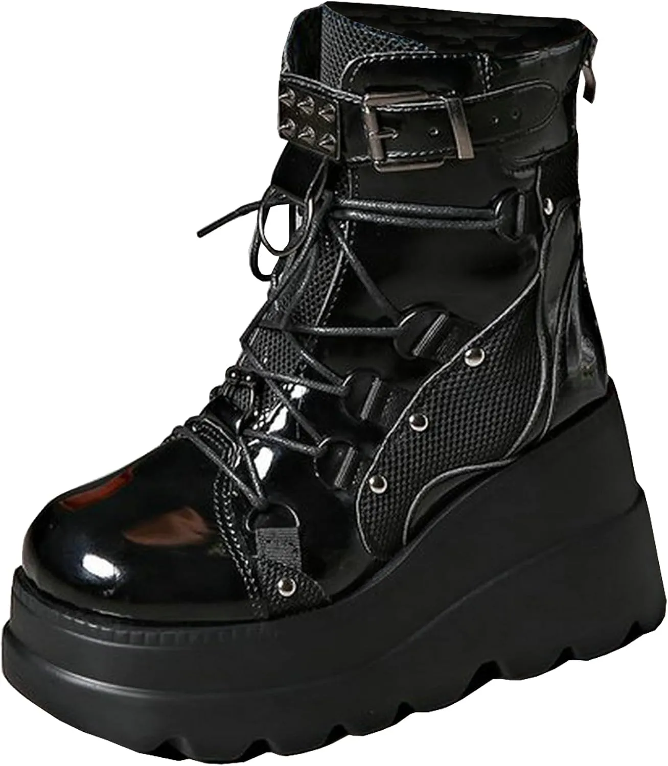 Meefit Women Goth platform Boots Wedge High Heel Lace Up Ankle Boots Round Toe Combat Booties Motorcycle Boot