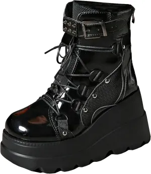 Meefit Women Goth platform Boots Wedge High Heel Lace Up Ankle Boots Round Toe Combat Booties Motorcycle Boot
