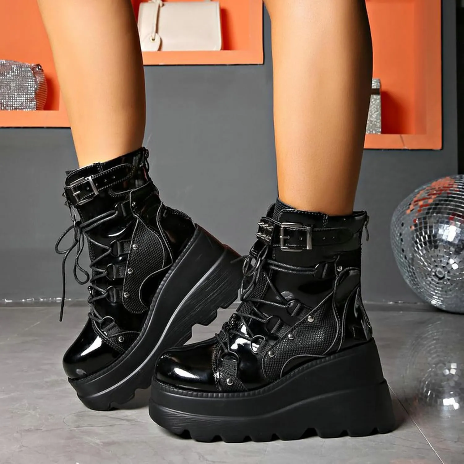 Meefit Women Goth platform Boots Wedge High Heel Lace Up Ankle Boots Round Toe Combat Booties Motorcycle Boot