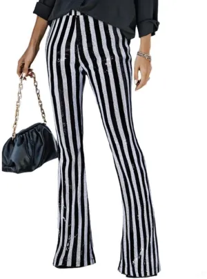 Melliflo Sequin Wide Leg Pants Glitter High Waisted Flare Leg Pants Party Club Dance Pants Night Out Bell Bottom Trousers