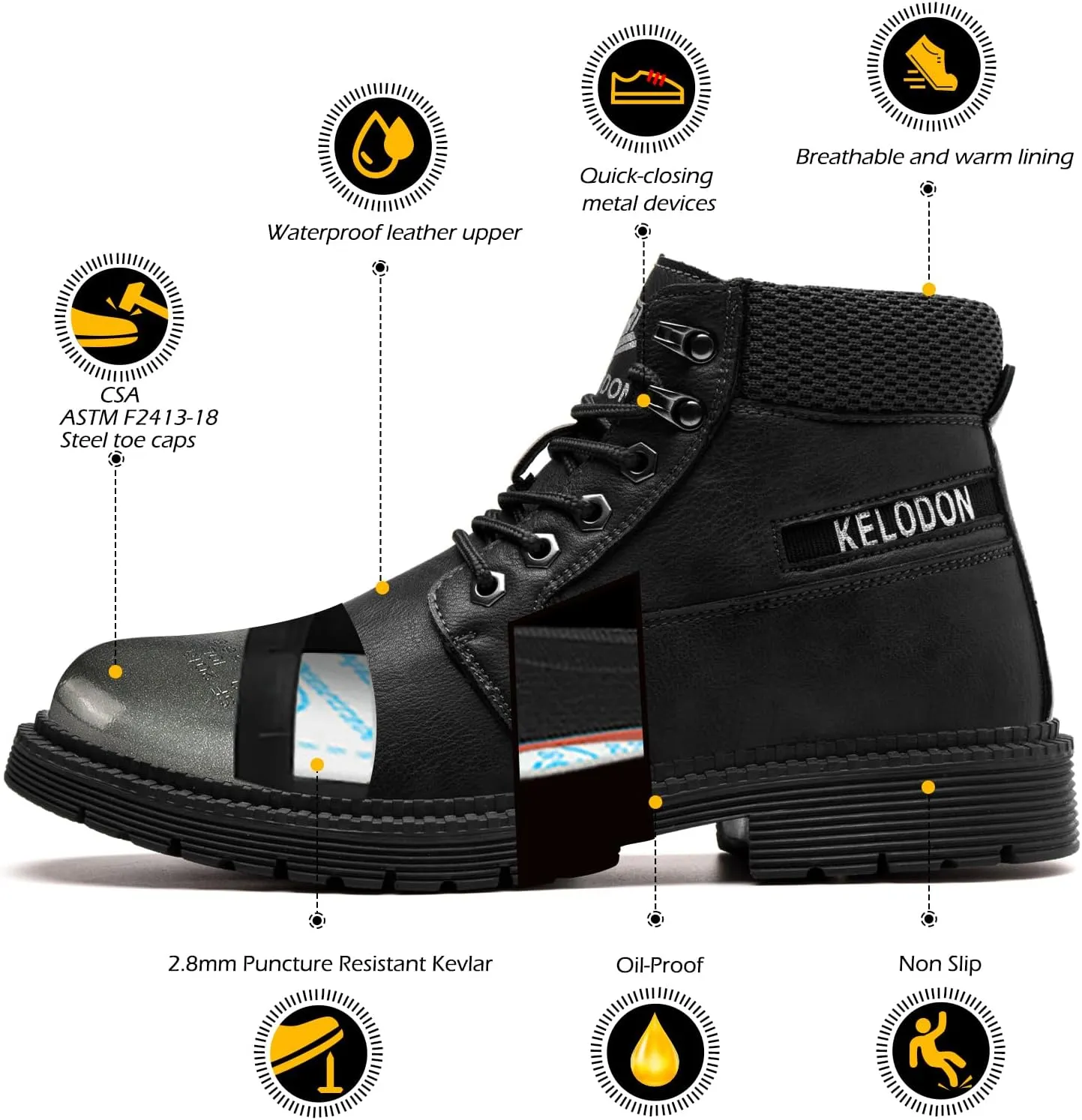 Men's 6-Inch Leather Winter Safety Boots - Waterproof Steel Toe, Indestructible, Warm Construction