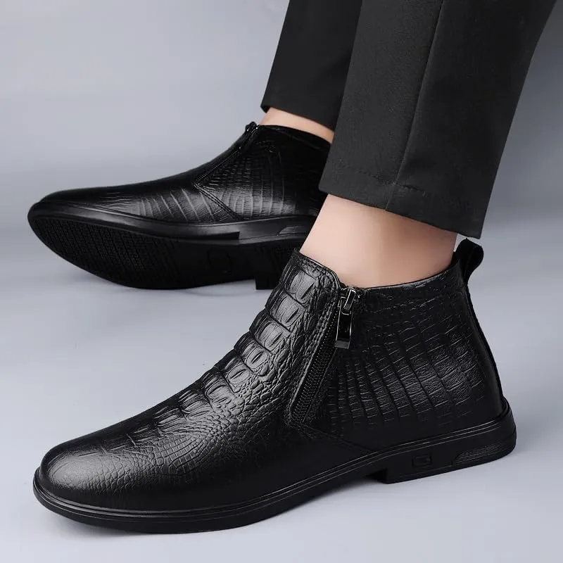 Men's Ankle Boots Resistant Non Slip Anti-slip Leather Crocodile Print Double Side Zip Casual Vintage