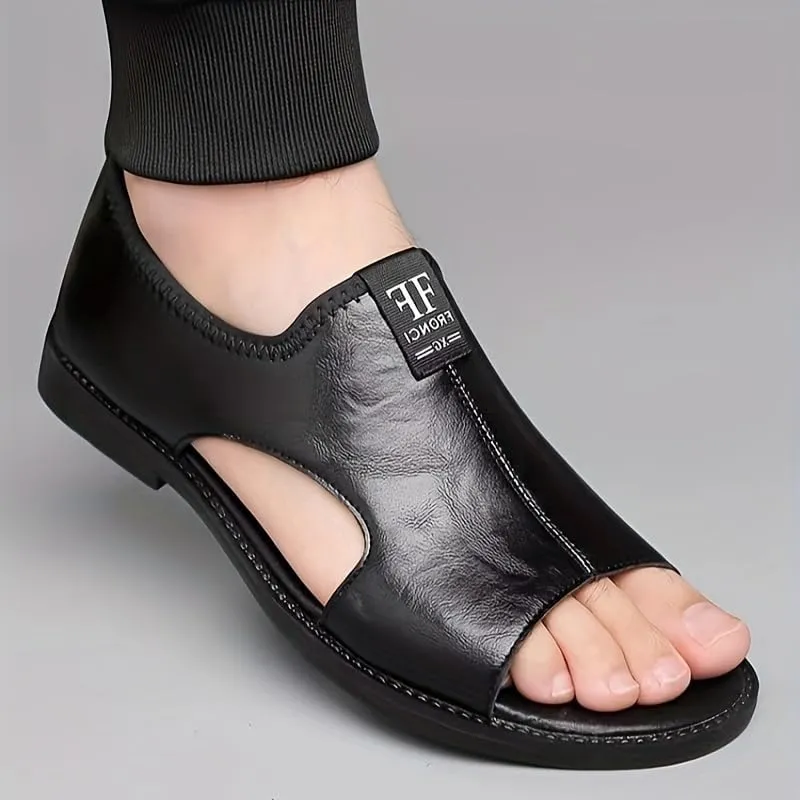 Men's Casual Slip-On Sandals - Black Open Toe Shoes with Rubber Sole, Comfortable for Spring/Summer Outdoor Wear, Strappy Sandals