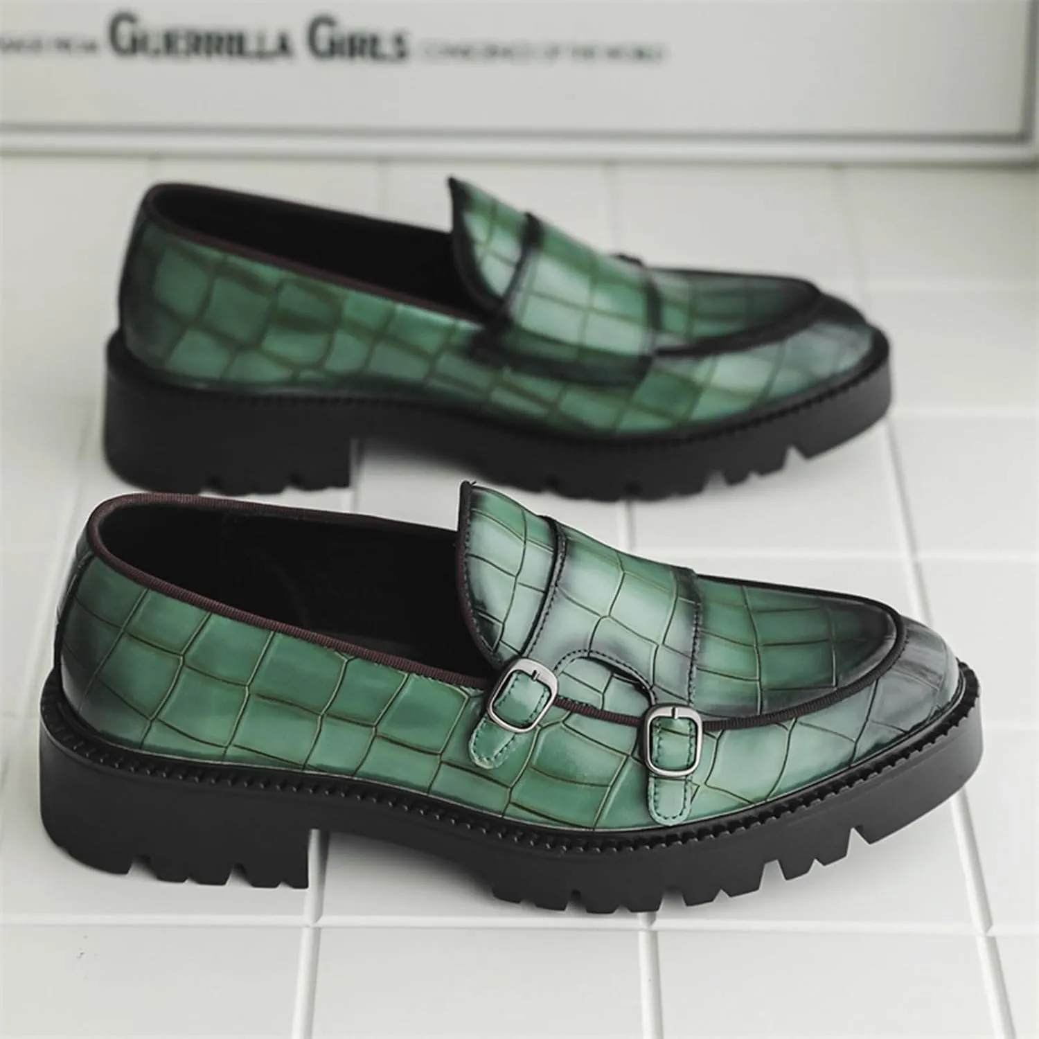 Mens Double Monk Strap Slip on Loafer PU Leather Oxford Formal Business Casual Comfortable Dress Shoes for Men
