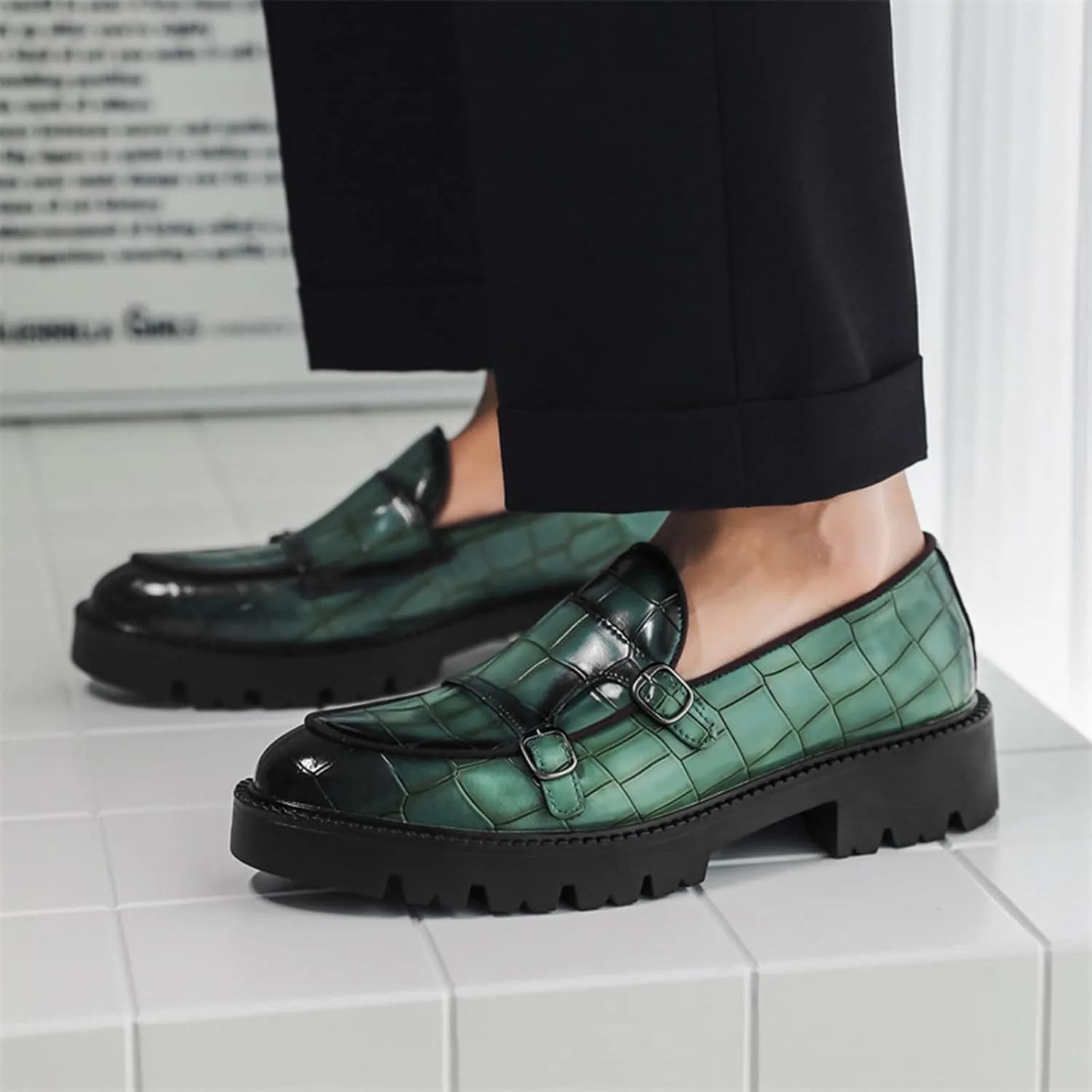 Mens Double Monk Strap Slip on Loafer PU Leather Oxford Formal Business Casual Comfortable Dress Shoes for Men