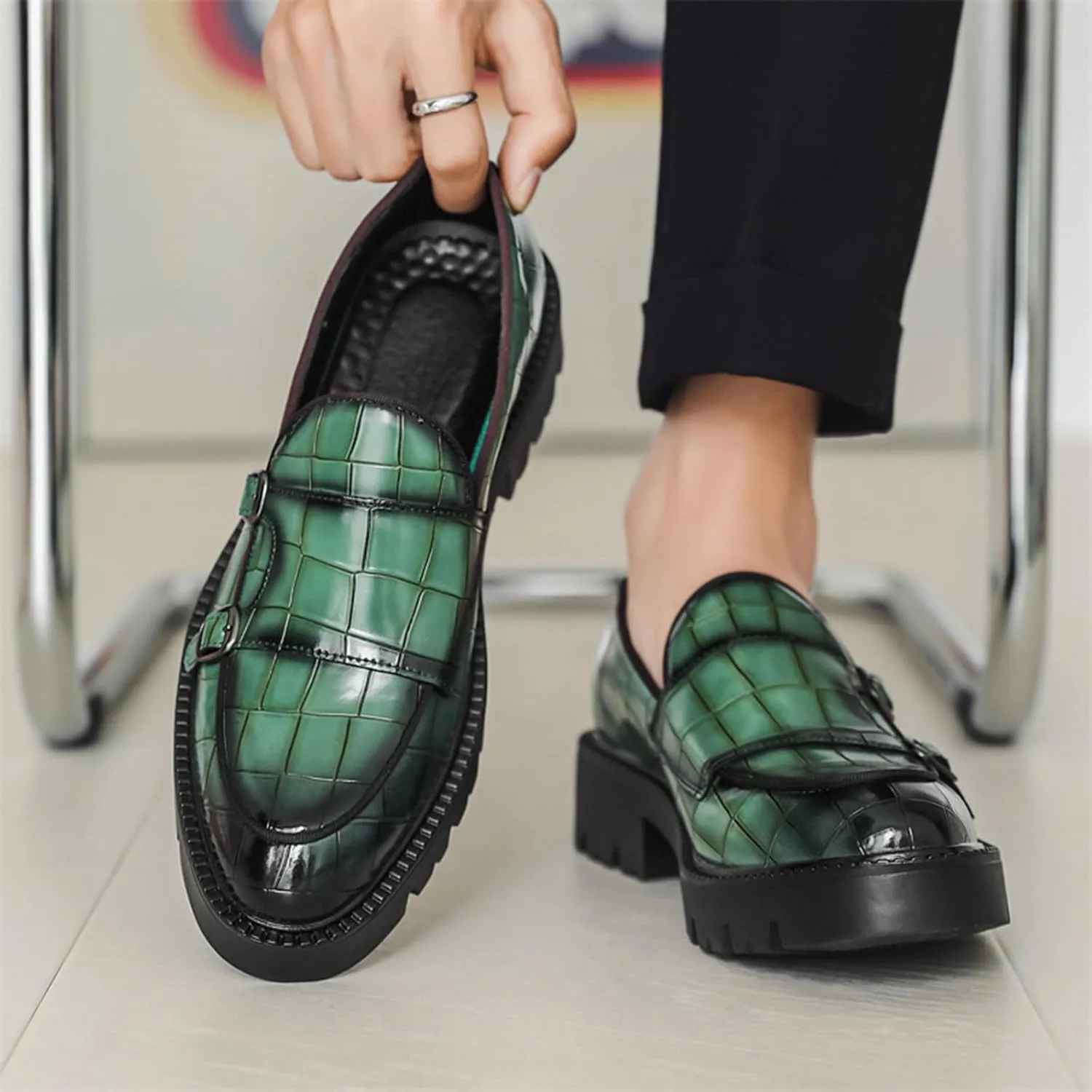 Mens Double Monk Strap Slip on Loafer PU Leather Oxford Formal Business Casual Comfortable Dress Shoes for Men