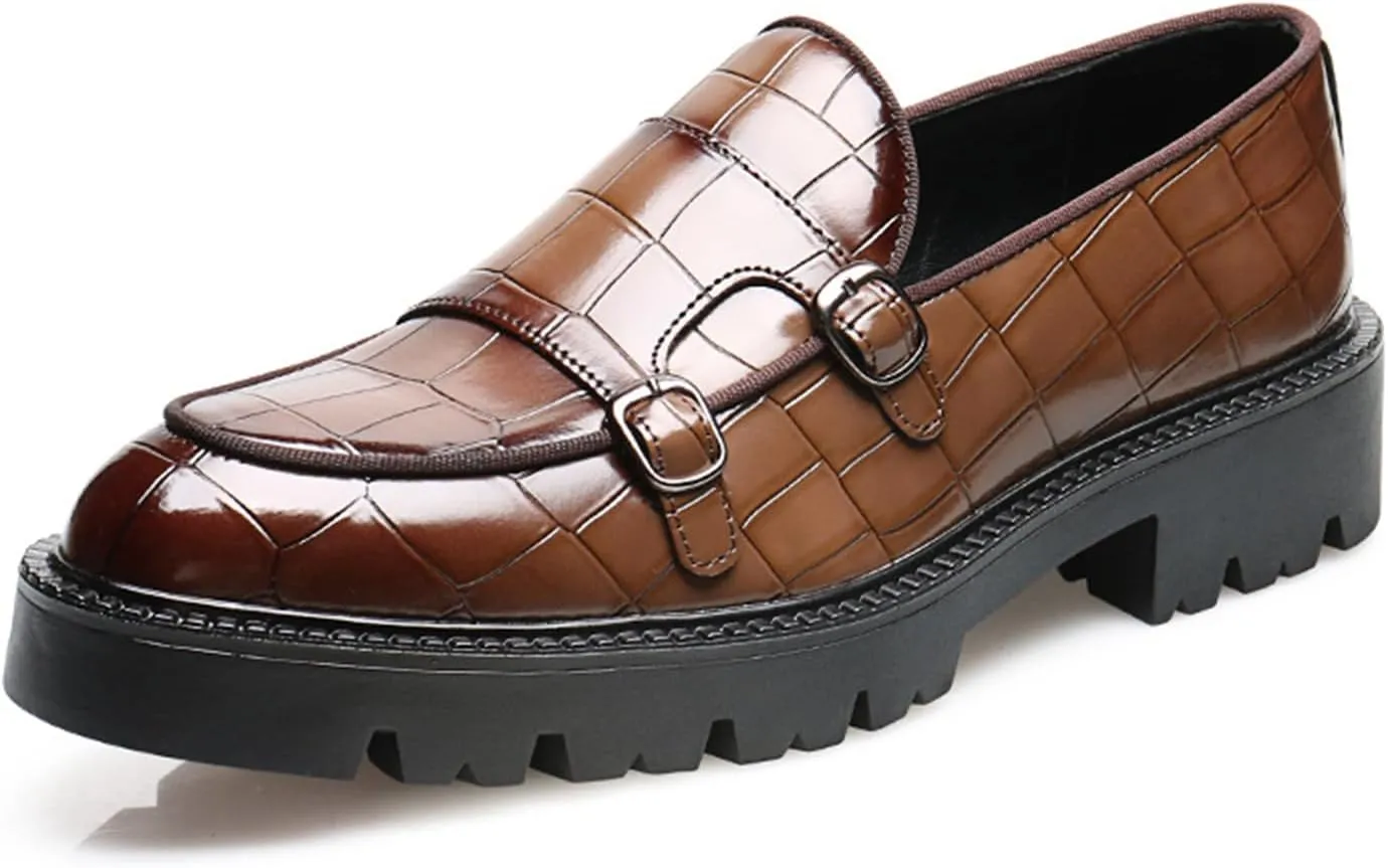 Mens Double Monk Strap Slip on Loafer PU Leather Oxford Formal Business Casual Comfortable Dress Shoes for Men