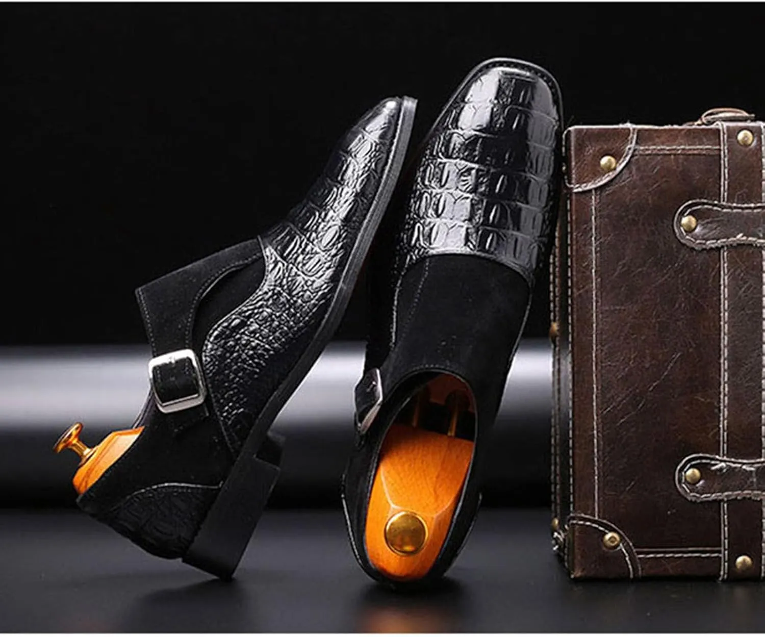 Men's Dress Crocodile Print Loafers Elastic Slip on with Buckle Fashion Shoes Wedding Shoes