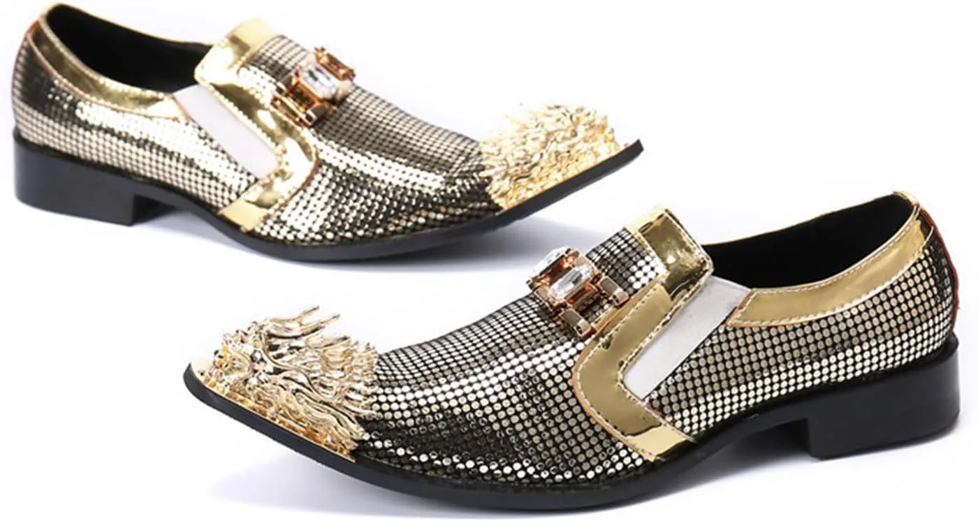 Mens Dress Shoes, Gold Loafers Genuine Leather Slip on Casual Business Plus Size Low Top Metal Toe Breathable Suit Groom Wedding Shoes, 42 EU,Gold
