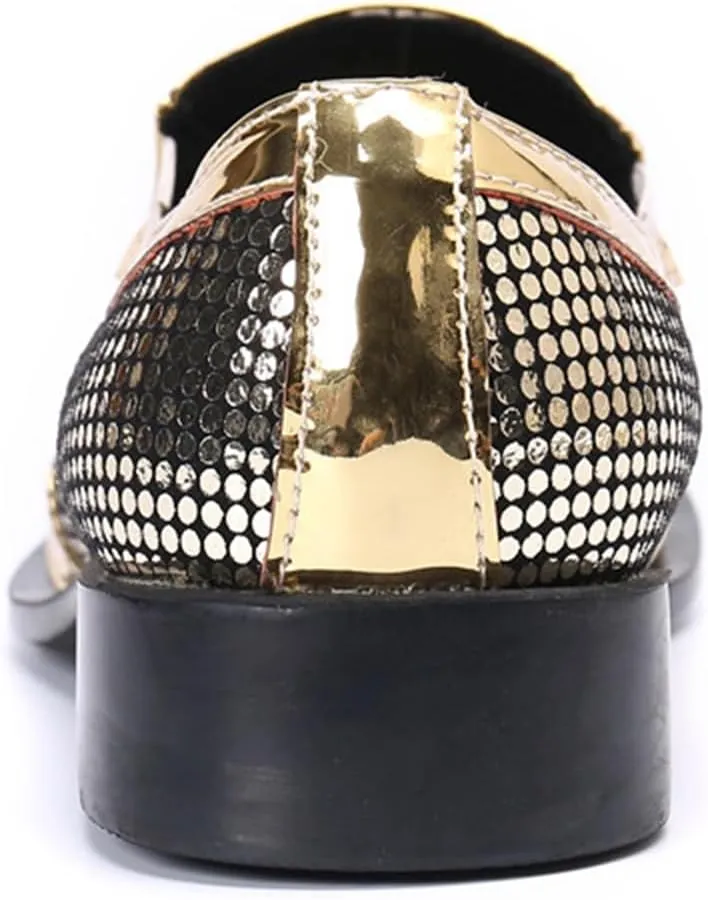 Mens Dress Shoes, Gold Loafers Genuine Leather Slip on Casual Business Plus Size Low Top Metal Toe Breathable Suit Groom Wedding Shoes, 42 EU,Gold