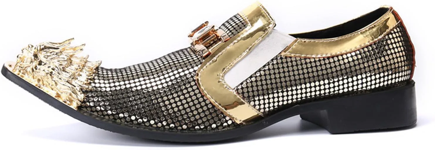 Mens Dress Shoes, Gold Loafers Genuine Leather Slip on Casual Business Plus Size Low Top Metal Toe Breathable Suit Groom Wedding Shoes, 42 EU,Gold
