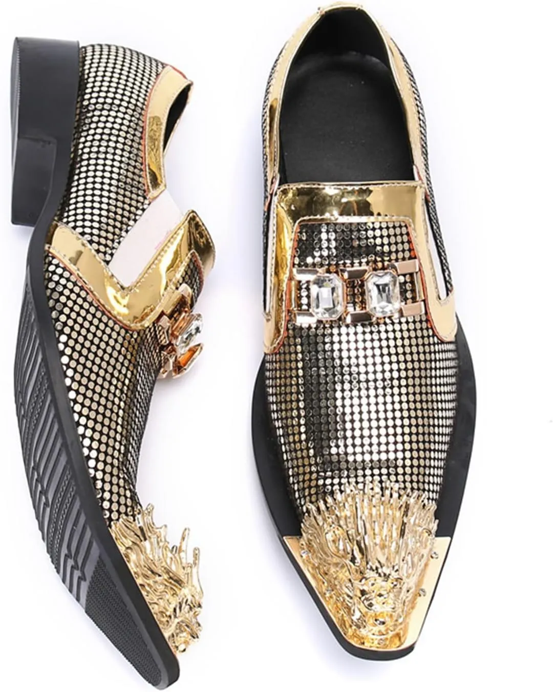 Mens Dress Shoes, Gold Loafers Genuine Leather Slip on Casual Business Plus Size Low Top Metal Toe Breathable Suit Groom Wedding Shoes, 42 EU,Gold