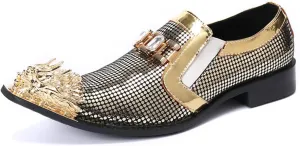 Mens Dress Shoes, Gold Loafers Genuine Leather Slip on Casual Business Plus Size Low Top Metal Toe Breathable Suit Groom Wedding Shoes, 42 EU,Gold