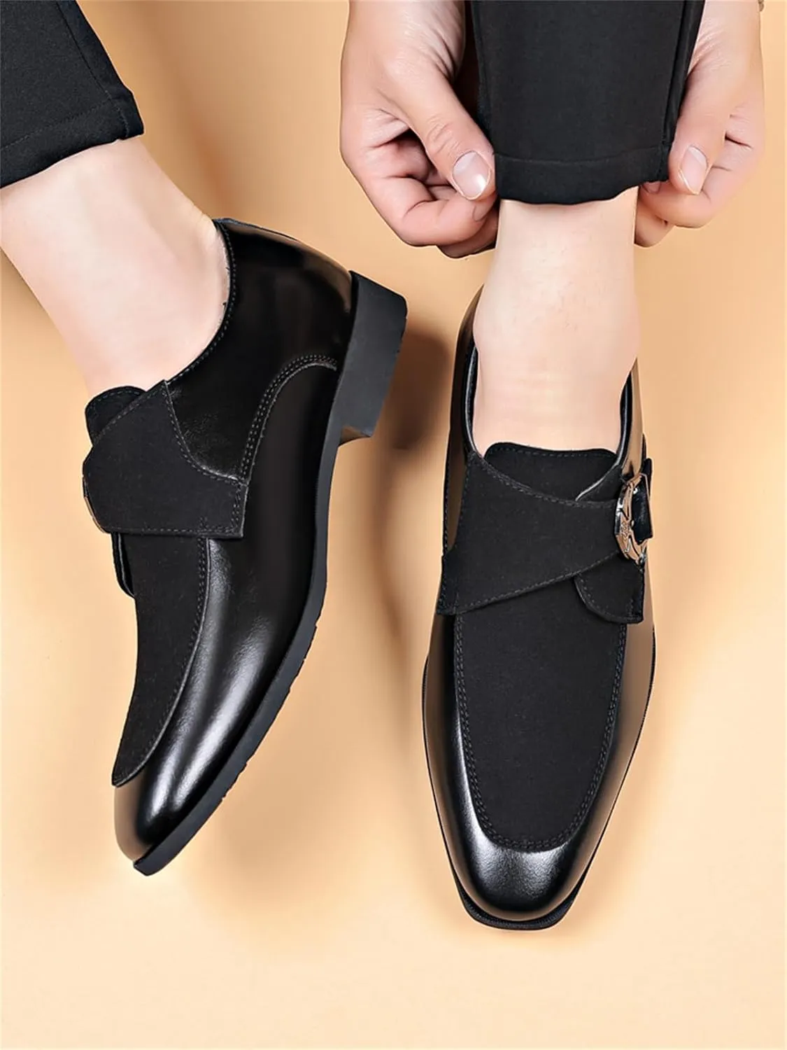 Men's Fashion Strap Suede Dress Tuxedo Shoe Business Formal Suit Leather Buckle Slip-on Loafers for Men