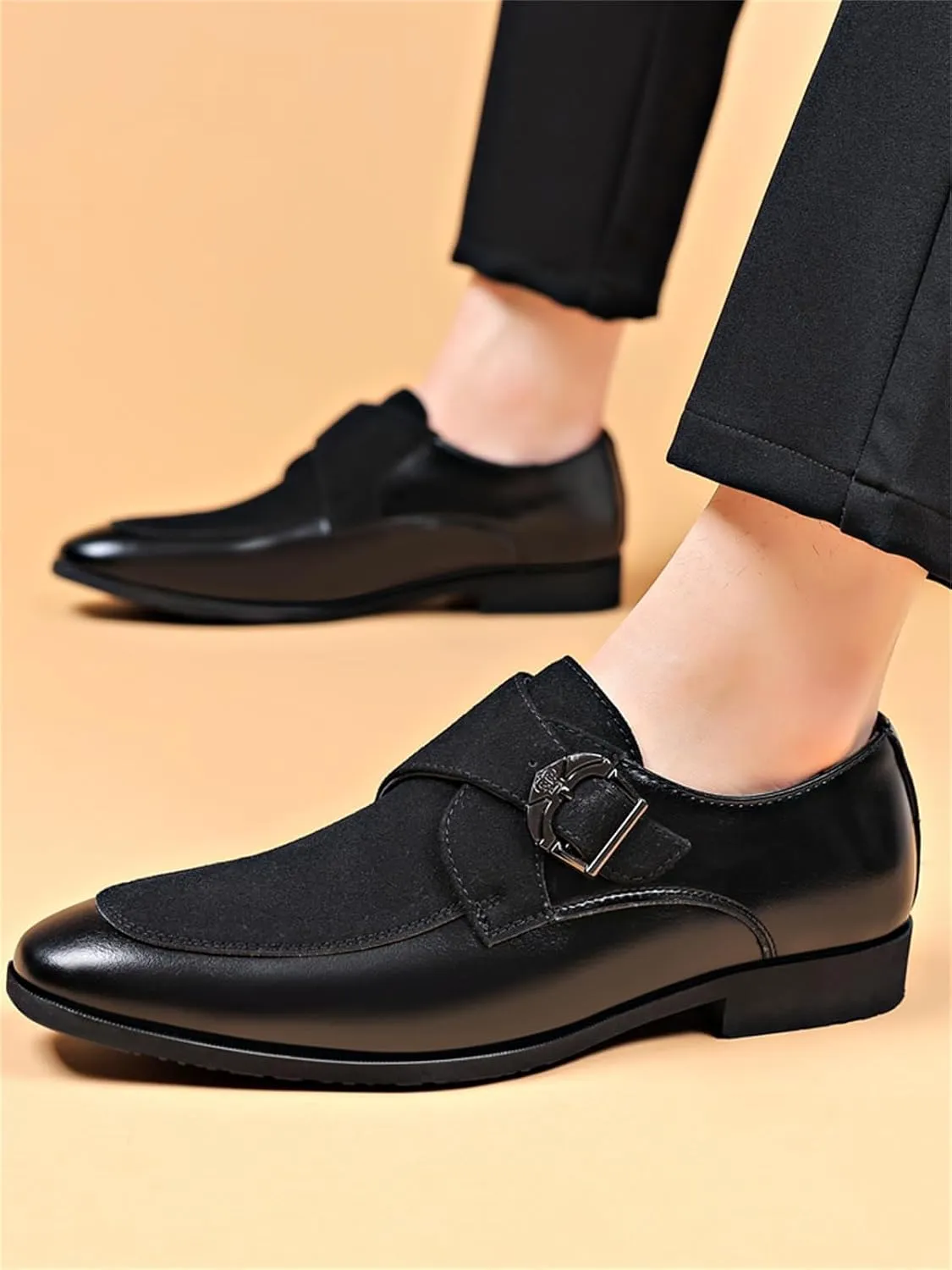 Men's Fashion Strap Suede Dress Tuxedo Shoe Business Formal Suit Leather Buckle Slip-on Loafers for Men