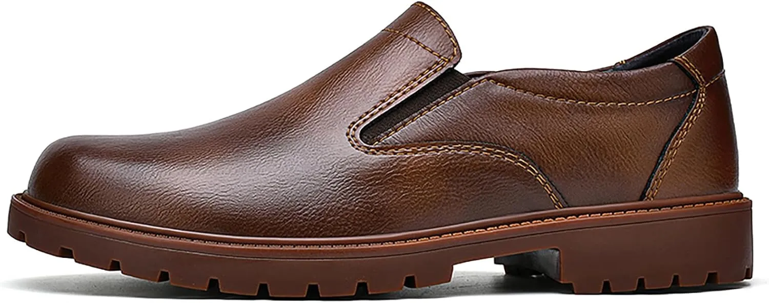Men's Genuine Leather Slip On Dress Loafers Round Toe Cowhide Comfort Non-Slip Work Formal Shoes Handmade Stitching Casual Walking Shoes for Men