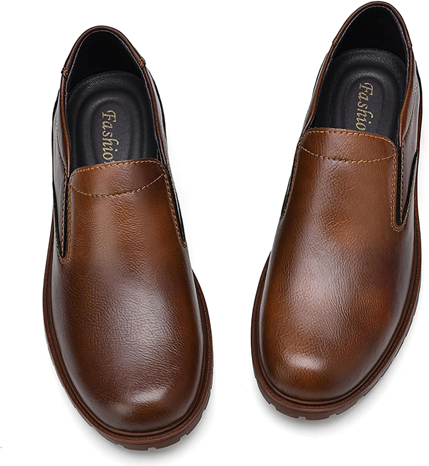 Men's Genuine Leather Slip On Dress Loafers Round Toe Cowhide Comfort Non-Slip Work Formal Shoes Handmade Stitching Casual Walking Shoes for Men