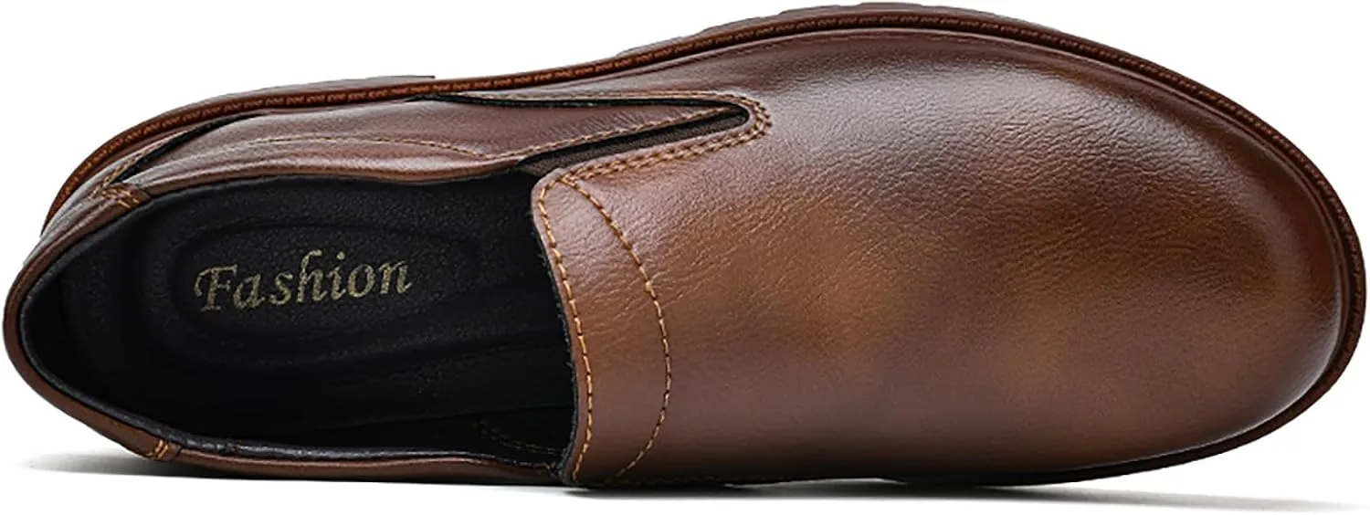 Men's Genuine Leather Slip On Dress Loafers Round Toe Cowhide Comfort Non-Slip Work Formal Shoes Handmade Stitching Casual Walking Shoes for Men