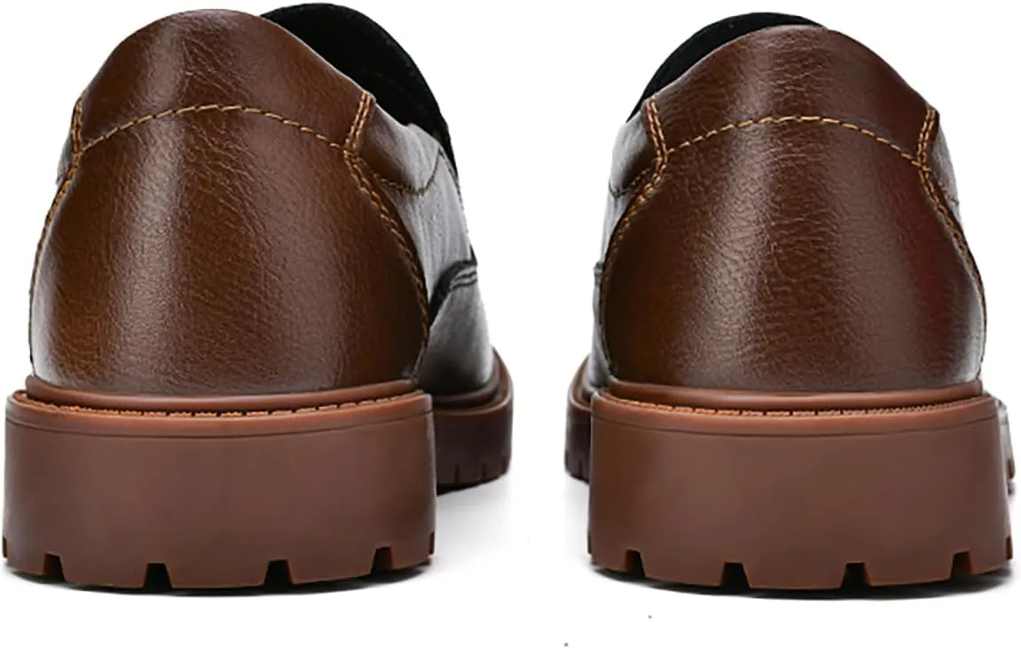 Men's Genuine Leather Slip On Dress Loafers Round Toe Cowhide Comfort Non-Slip Work Formal Shoes Handmade Stitching Casual Walking Shoes for Men