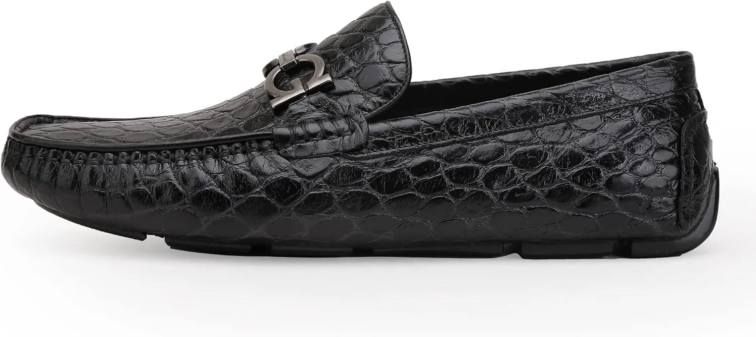 Men's Leather Driving Moccasin, Crocodile Printed Slip on Dress Shoes with Buckle Party Wedding Shoes Slip-on Loafers for Mens
