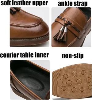 Mens Leather Tassels Slip-On Dress Loafers Luxury Cow Tendon Sole Non-Slip Low Top Loafers Shoes for Business Casual Dress Prom Party