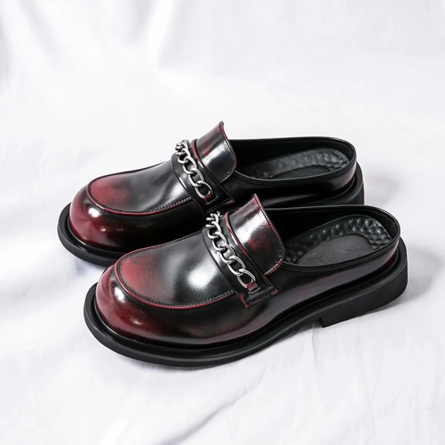 Mens Round Toe Leather Slip-On Dress Mule Sandals Classic Summer Backless Slippers Retro Formal Business Party Half Loafers
