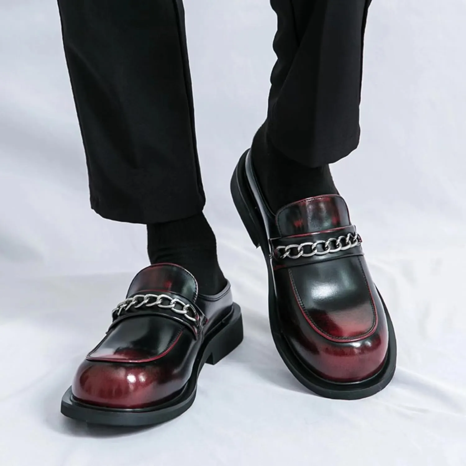 Mens Round Toe Leather Slip-On Dress Mule Sandals Classic Summer Backless Slippers Retro Formal Business Party Half Loafers