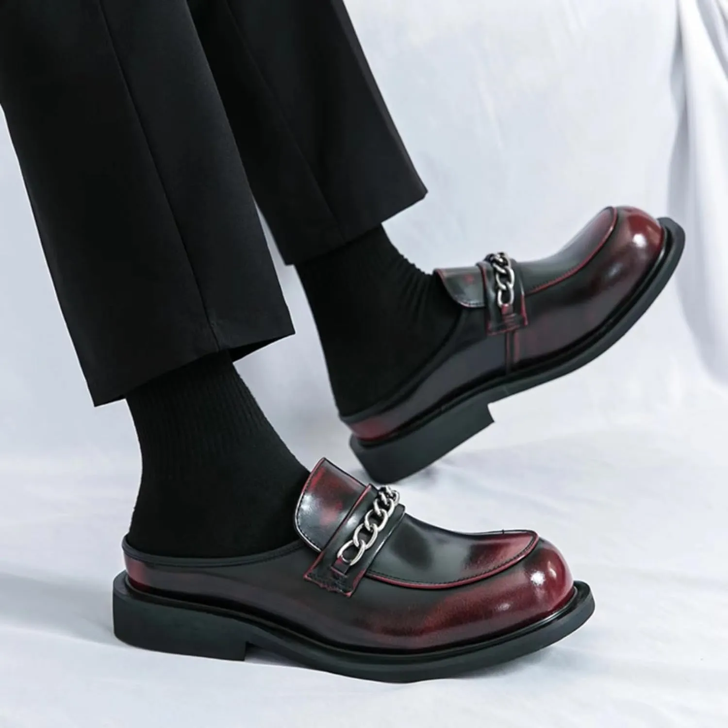 Mens Round Toe Leather Slip-On Dress Mule Sandals Classic Summer Backless Slippers Retro Formal Business Party Half Loafers