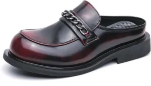 Mens Round Toe Leather Slip-On Dress Mule Sandals Classic Summer Backless Slippers Retro Formal Business Party Half Loafers