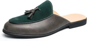 Men's Suede Tassel Dress Mules Retro Fashion Round Toe Anti-Slip Low Heel Slip On Clog Slippers Casual Backless Flat Loafers