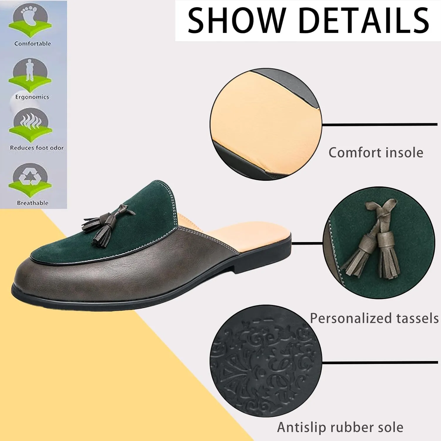Men's Suede Tassel Dress Mules Retro Fashion Round Toe Anti-Slip Low Heel Slip On Clog Slippers Casual Backless Flat Loafers