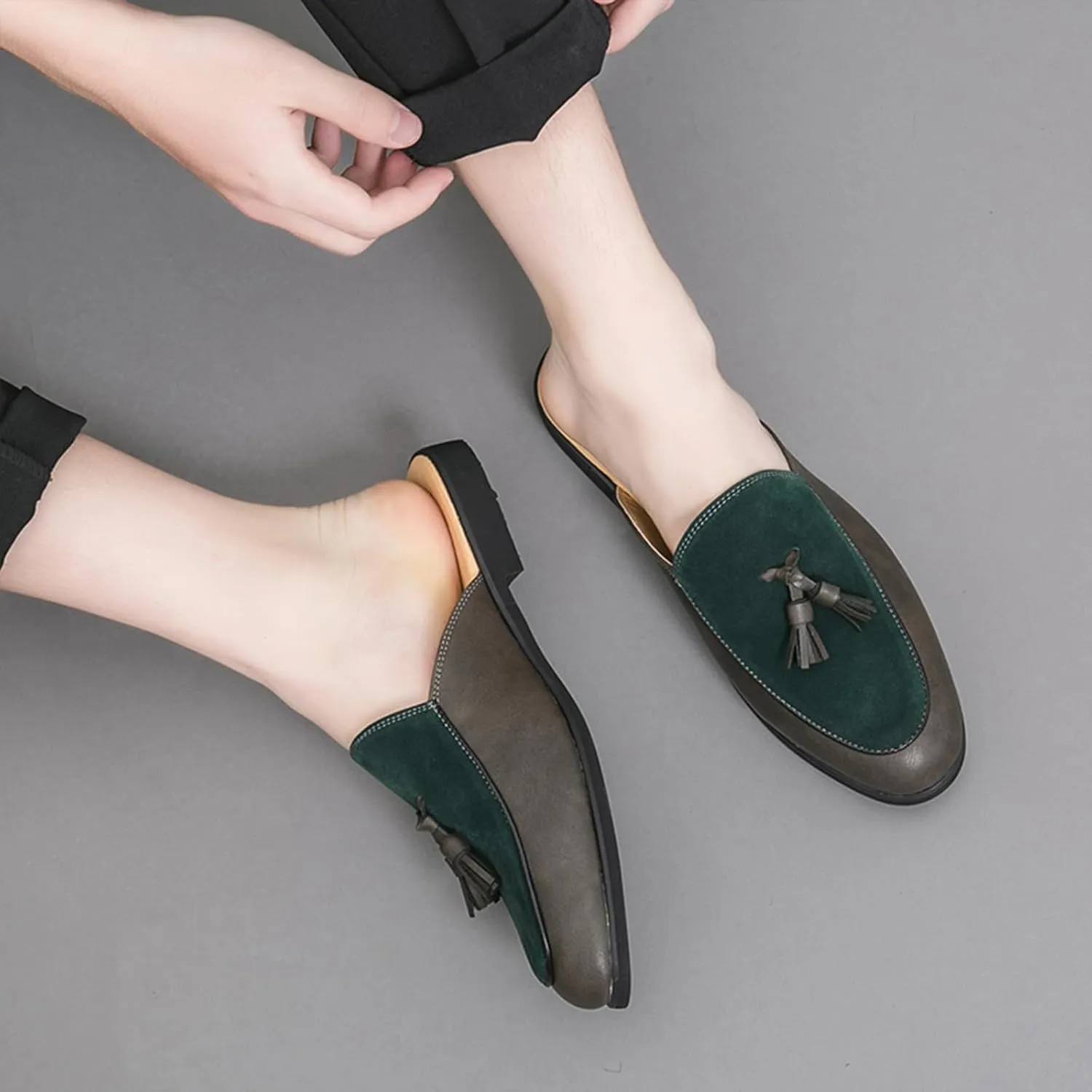 Men's Suede Tassel Dress Mules Retro Fashion Round Toe Anti-Slip Low Heel Slip On Clog Slippers Casual Backless Flat Loafers