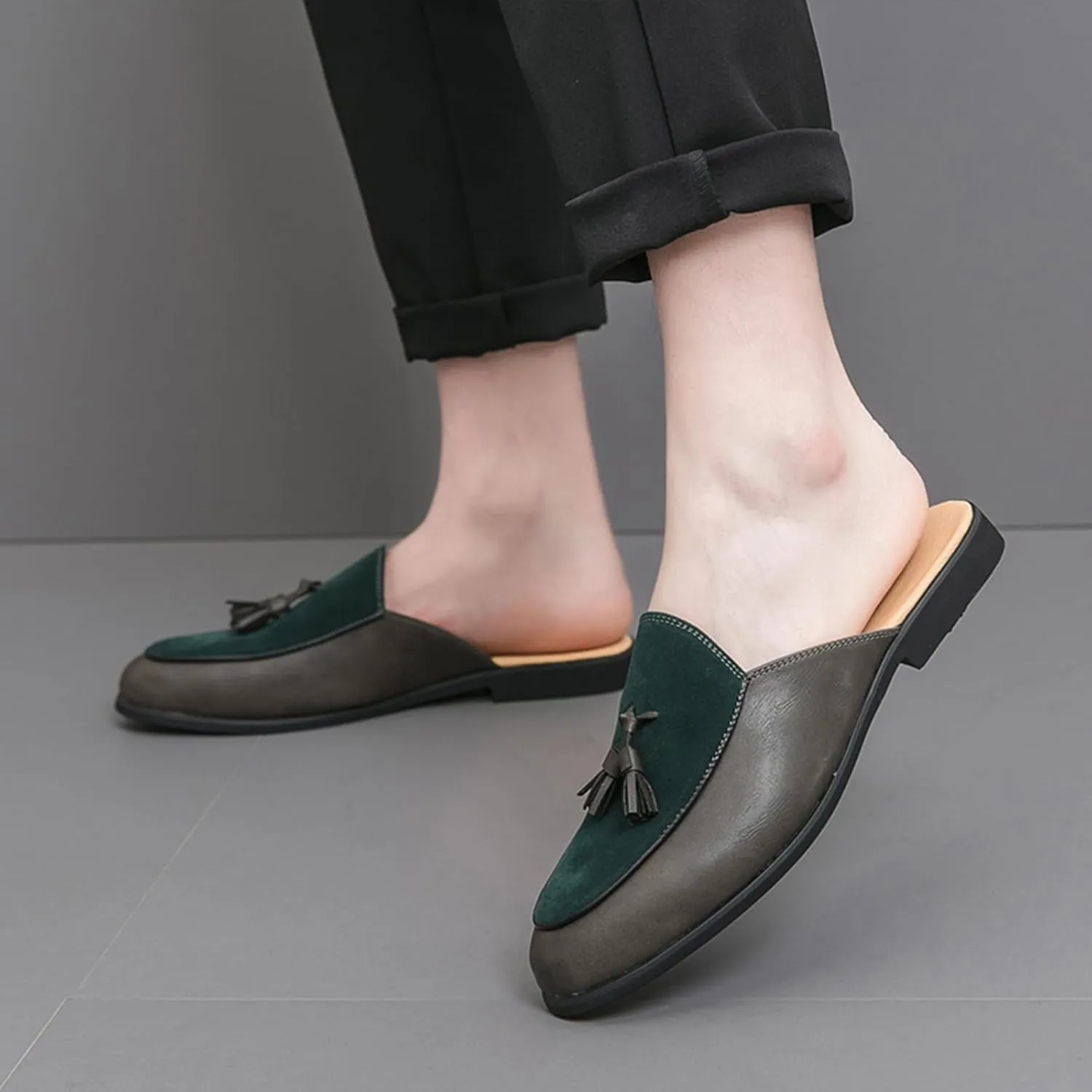 Men's Suede Tassel Dress Mules Retro Fashion Round Toe Anti-Slip Low Heel Slip On Clog Slippers Casual Backless Flat Loafers
