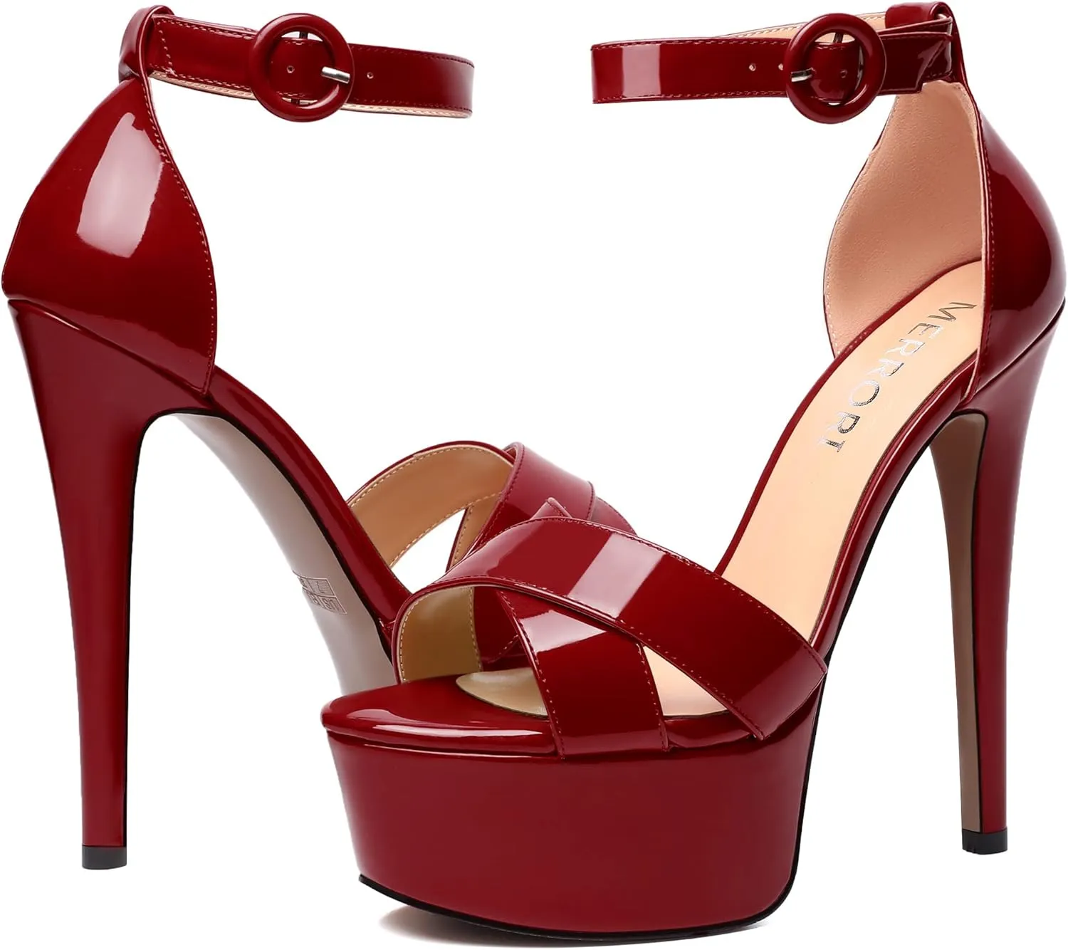 MERRORI Womens Party Open Toe Sexy Ankle Strap Buckle Patent Stiletto High Heel Sandals 6 Inch