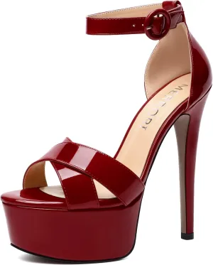 MERRORI Womens Party Open Toe Sexy Ankle Strap Buckle Patent Stiletto High Heel Sandals 6 Inch