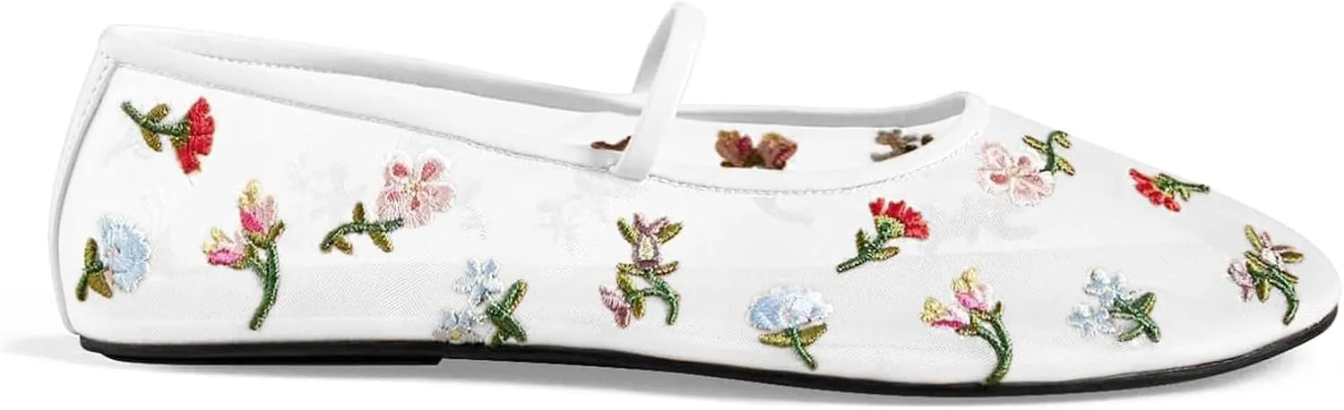 Mesh Ballet Flats for Women Embroidered Floral Mary Jane Flats Comfortable Casual Daily Dress Ballerina Shoes